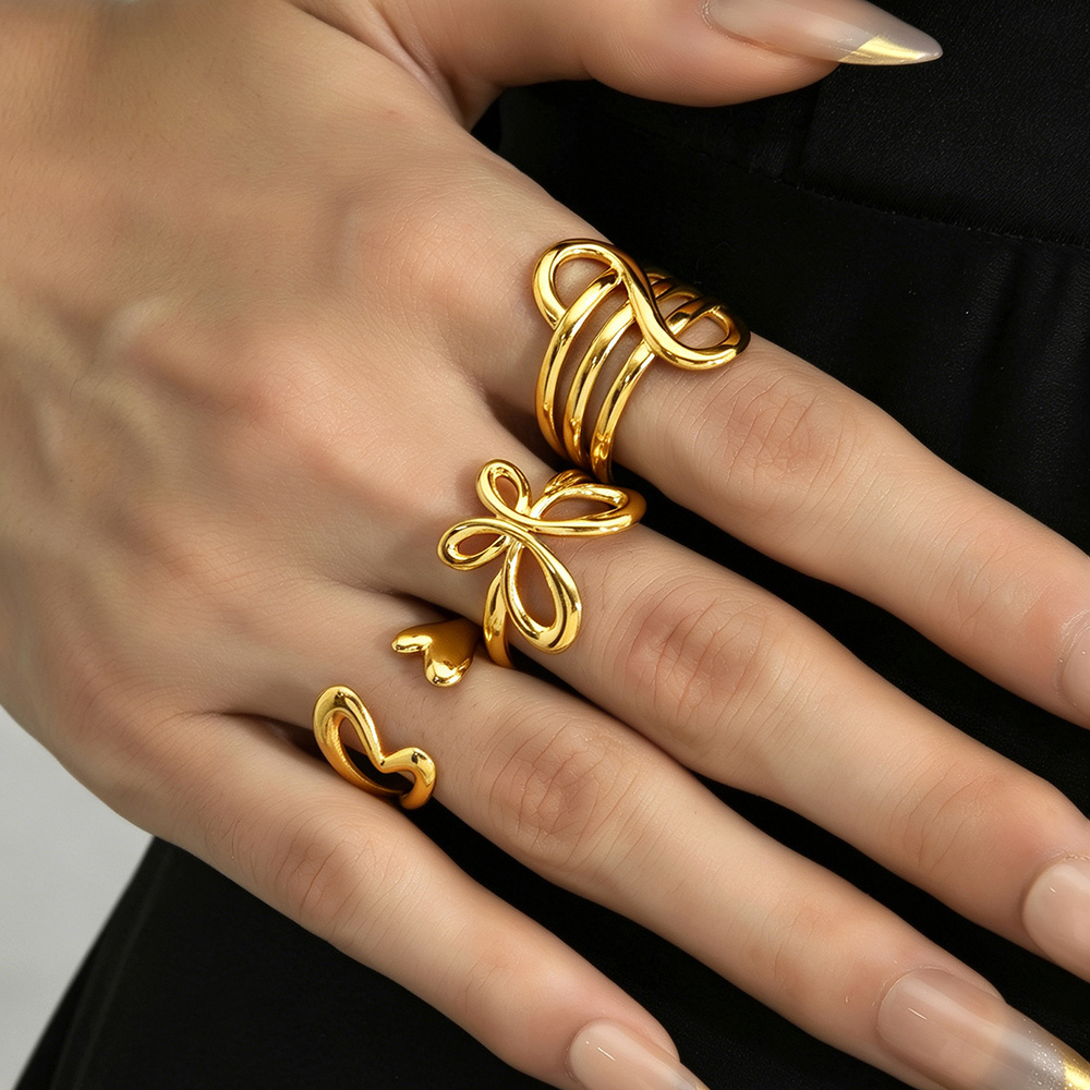 3pc Aesthetic Hollow Geometric Heart Butterfly Open Rings Set